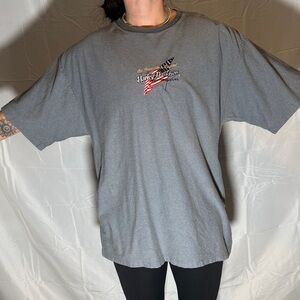 Ribbed Harley-Davidson Gray Tee with Small American Flag Graphic